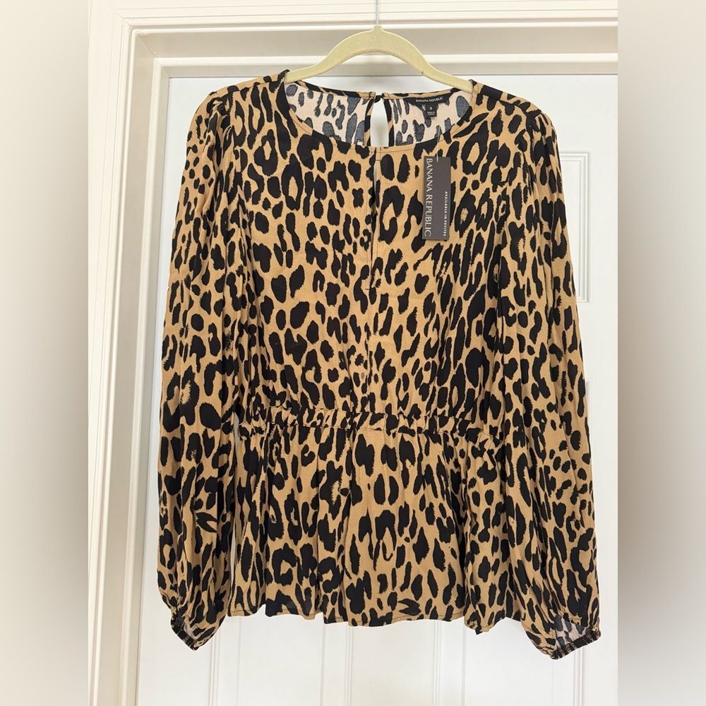 NWT Banana Republic Animal Print Peplum Blouse Brown & Black Sz S - Picture 1 of 11